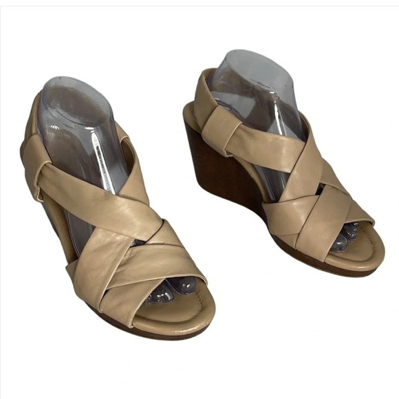 COLE HANN Crisscross Tan Open Toe Wedge Shoes Nike Air Technology Leather 9.5 - Picture 2 of 12